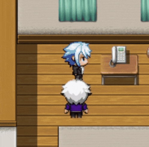 a cartoon character is standing in a room with a phone on a desk