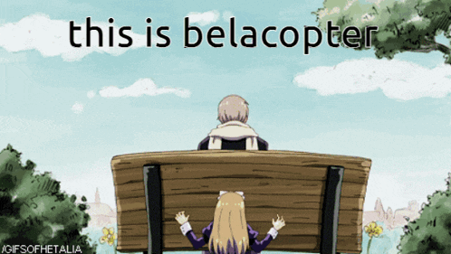 a man and a girl are sitting on a wooden bench with the words this is belacopter above them