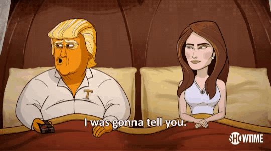 a cartoon of donald trump and michelle obama laying in bed with the caption " i was gonna tell you "