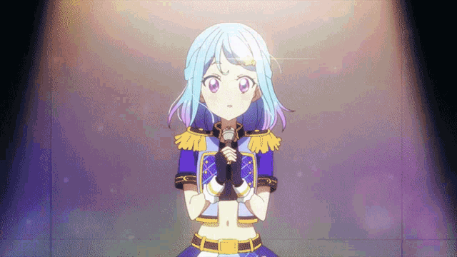 a girl with blue hair is holding a microphone in her hand