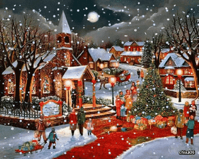 a painting of a christmas scene with a church and a christmas tree