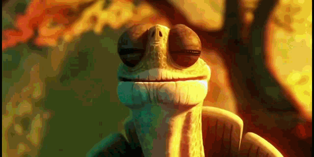a close up of a cartoon character 's face with a tree in the background