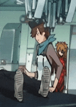 a cartoon character is sitting on a table with his legs crossed while a girl stands behind him .