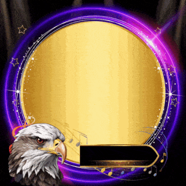 a bald eagle stands in front of a gold and purple circle with music notes
