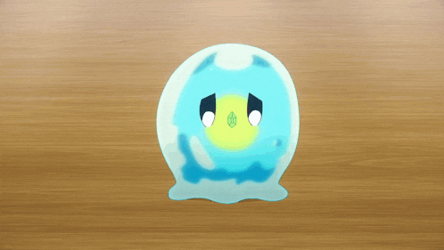 a cartoon drawing of a blue and yellow jelly monster