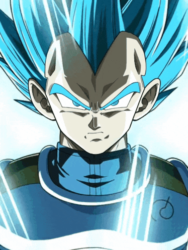 a close up of a cartoon character with blue hair and a letter q