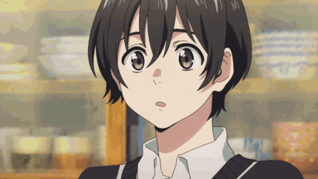 a close up of a anime character 's face with a blurred background