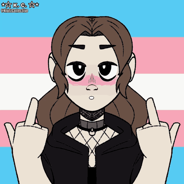 a cartoon drawing of a girl giving the middle finger with a transgender flag in the background