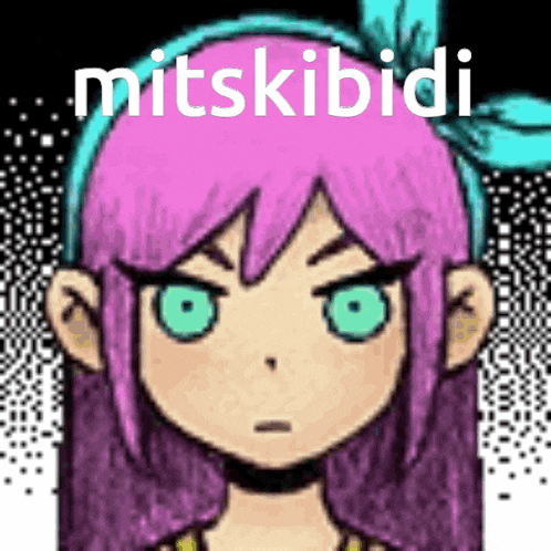 a drawing of a girl with pink hair and green eyes with the words mitskibidi written above her