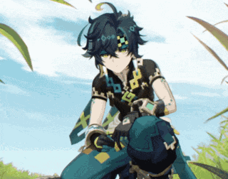 a cartoon character is kneeling down in the grass with a sword in his hand