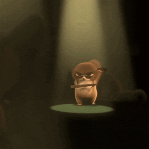 a cartoon character is standing on a stage and holding a knife