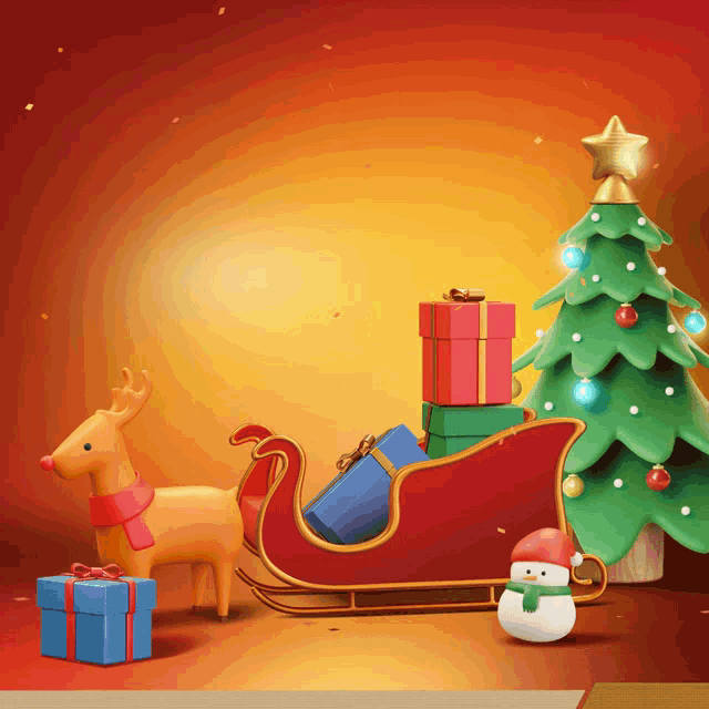 a christmas scene with a sleigh full of presents