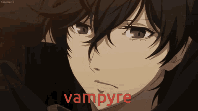 a close up of a person 's face with the word vampire in red letters