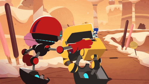 two robots are standing next to each other in a desert