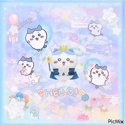 a picture of a cat with a crown and the words hello