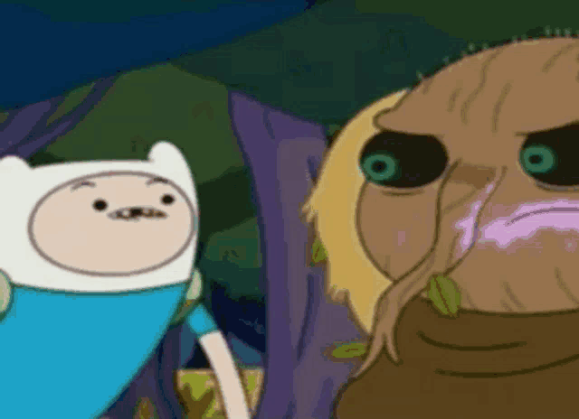 a cartoon character with green eyes looks at another character