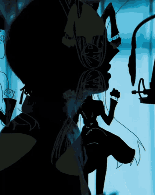 a silhouette of a woman singing into a microphone in front of a window