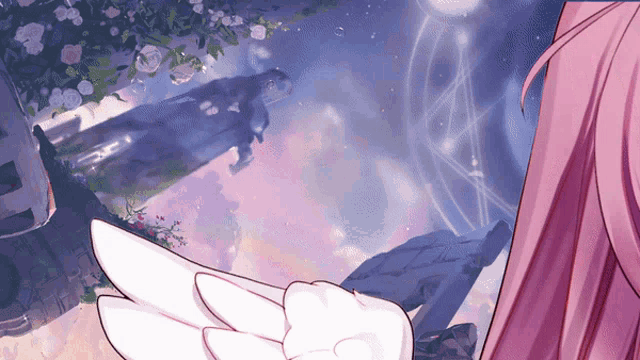 a girl with pink hair and white wings is standing in front of a cloudy sky