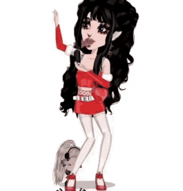 a cartoon girl with long black hair is standing next to a small dog .