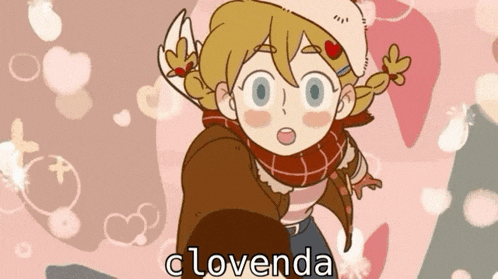 a cartoon of a girl with the word clovenda on the bottom right