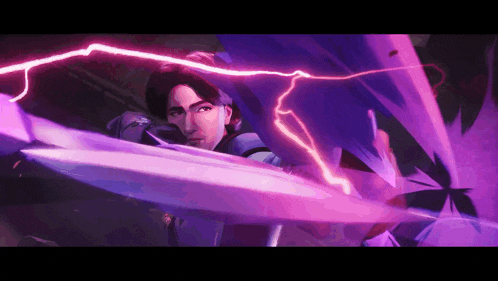 a man is holding a sword with a lightning bolt coming from it .