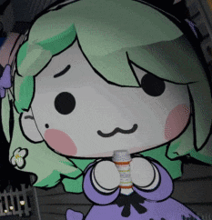 a cartoon girl is holding a bottle of pills