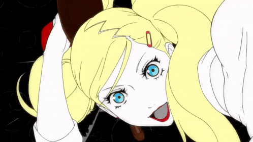 a cartoon drawing of a girl with blonde hair and red boots