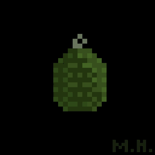 a pixel art of a green christmas ornament hanging from a string on a black background .
