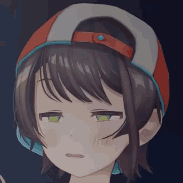 a close up of a anime character wearing a hat