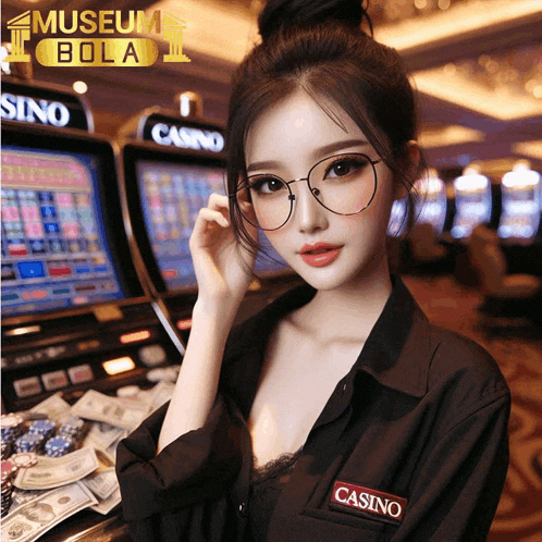 a woman wearing glasses and a black shirt that says casino on it