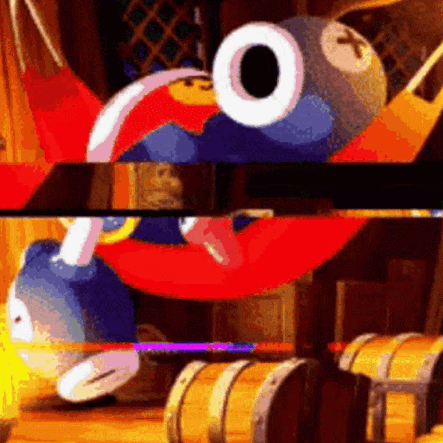 a cartoon character is sitting in a hammock surrounded by wooden barrels and boxes .
