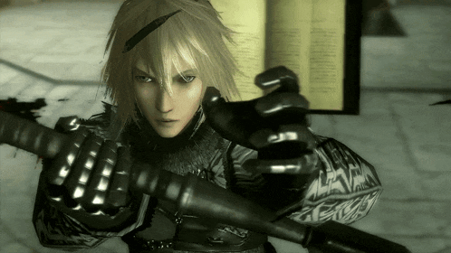 a video game character is holding a sword and looking at the camera
