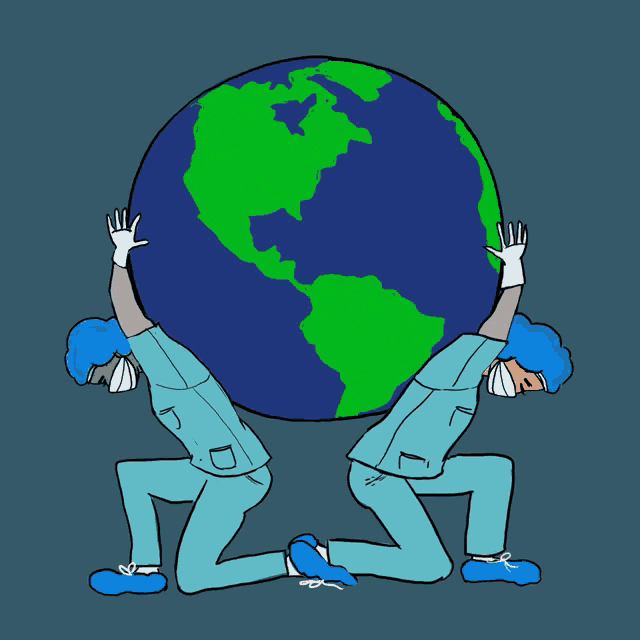 a cartoon of two doctors carrying a large globe
