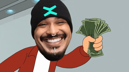 a man wearing a black beanie with a blue x on it holds a bunch of money