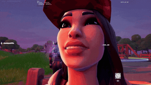 a screenshot of a video game with a woman wearing a red hat and smiling