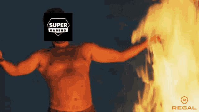 a shirtless man with a super gaming logo on his head