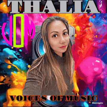 a poster for thalia voices of music with a woman in front of a speaker