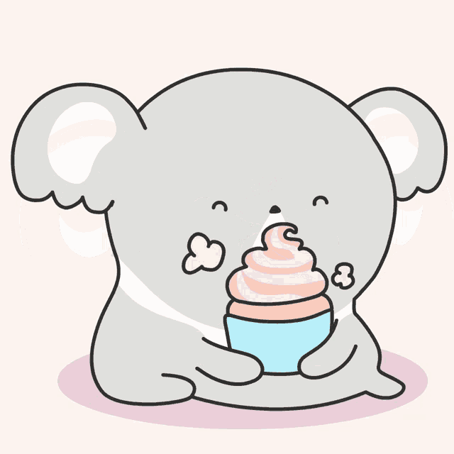 a cartoon drawing of a koala eating a cupcake with pink frosting