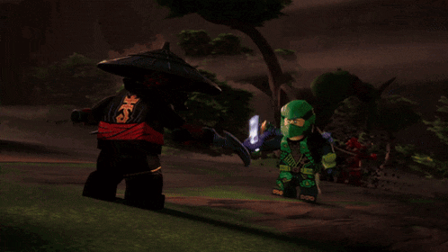 a ninjago character is standing in front of a monster