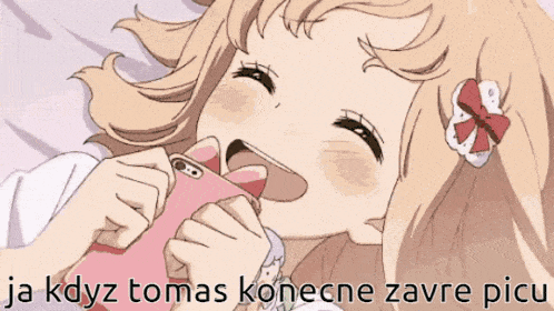 a cartoon of a girl laying on a bed with the words " ja kdyz tomas konecne zavre picu "