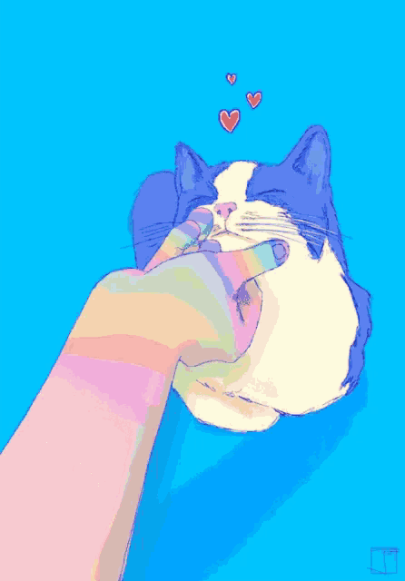 a colorful drawing of a person petting a cat with hearts coming out of its eyes