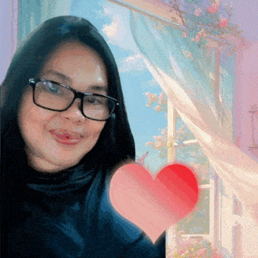 a woman wearing glasses has a pink heart in front of her