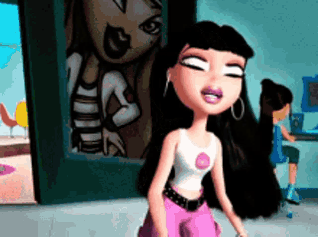 a bratz doll is standing in front of a poster