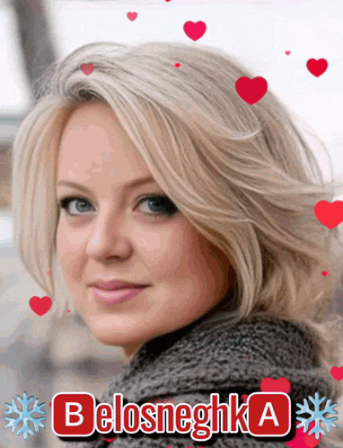 a woman 's face is surrounded by red hearts and the name belosneghka