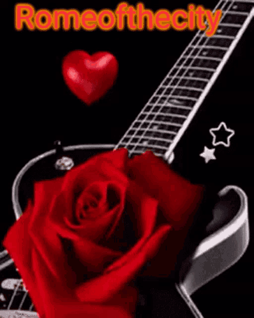 a red rose is sitting on top of a guitar with a heart in the background .