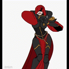 a cartoon of a woman in a red cape and black armor with her arms in the air .