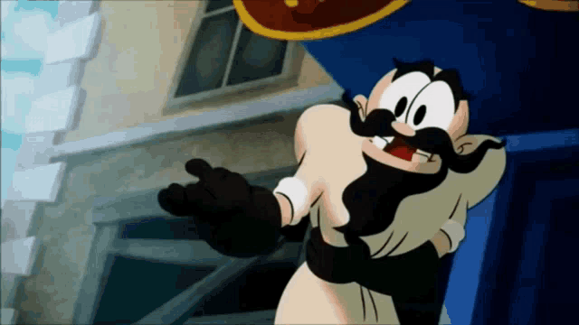 a cartoon character with a beard and mustache standing in front of a building