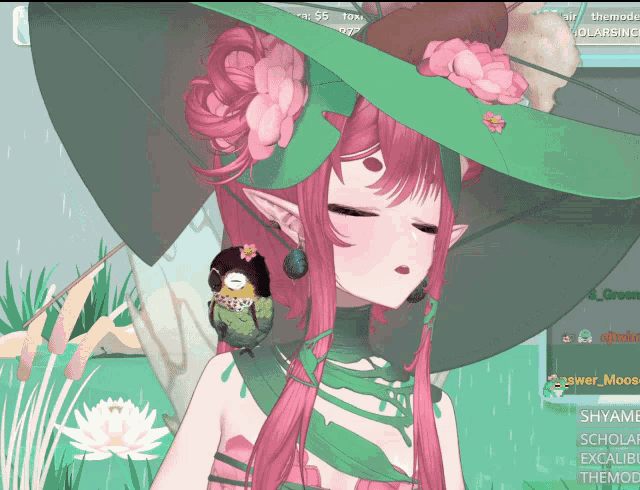 a girl with pink hair is wearing a green hat and has a bird on her shoulder