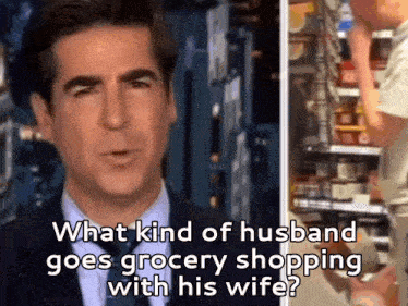 a man in a suit and tie is talking about grocery shopping with his wife