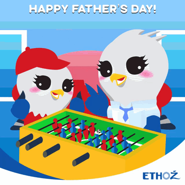 a happy father 's day greeting card with two birds and a foosball table